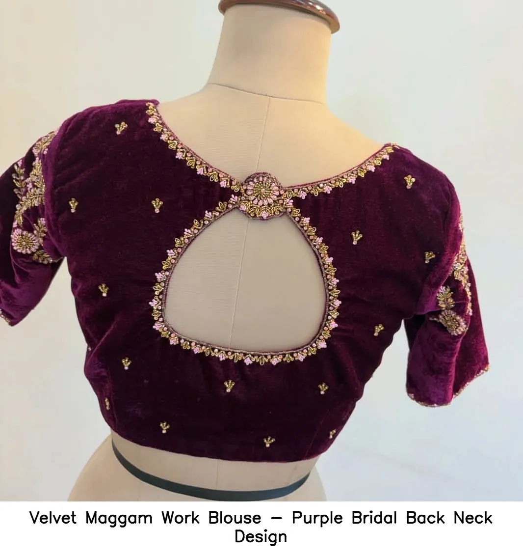 ​​​​Velvet Maggam Work Blouse - Purple Bridal Back Neck Design