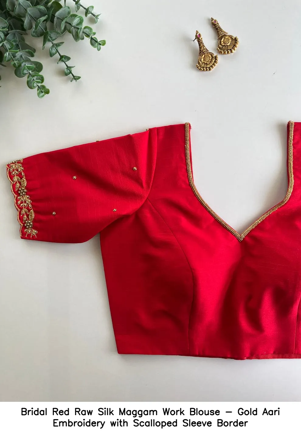 ​​​​​Bridal Red Raw Silk Maggam Work Blouse - Gold Aari Embroidery with Scalloped Sleeve Border
