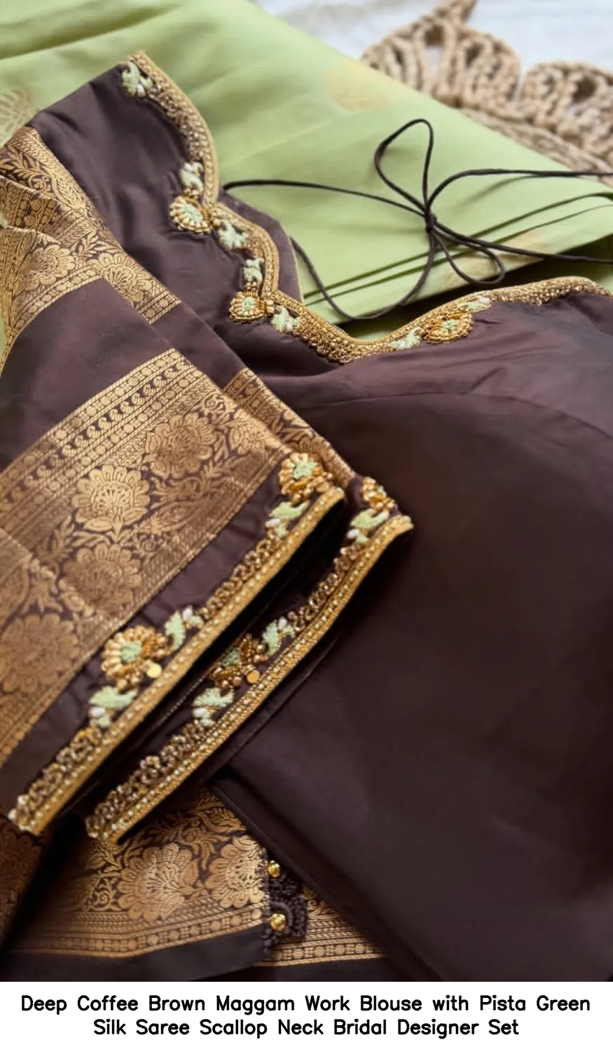 ​​​​​Deep Coffee Brown Maggam Work Blouse with Pista Green Silk Saree – Scallop Neck Bridal Designer Set