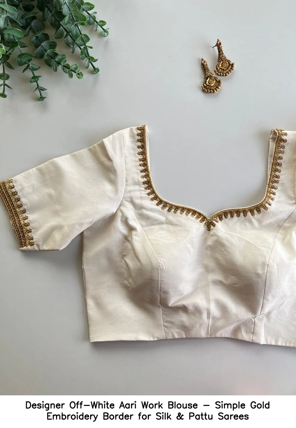 ​​​​​Designer Off-White Aari Work Blouse - Simple Gold Embroidery Border for Silk & Pattu Sarees