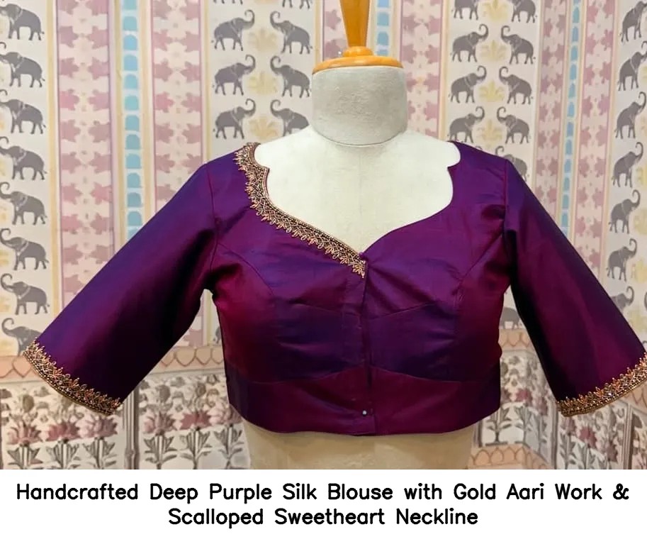 ​​​​​Handcrafted Deep Purple Silk Blouse with Gold Aari Work & Scalloped Sweetheart Neckline