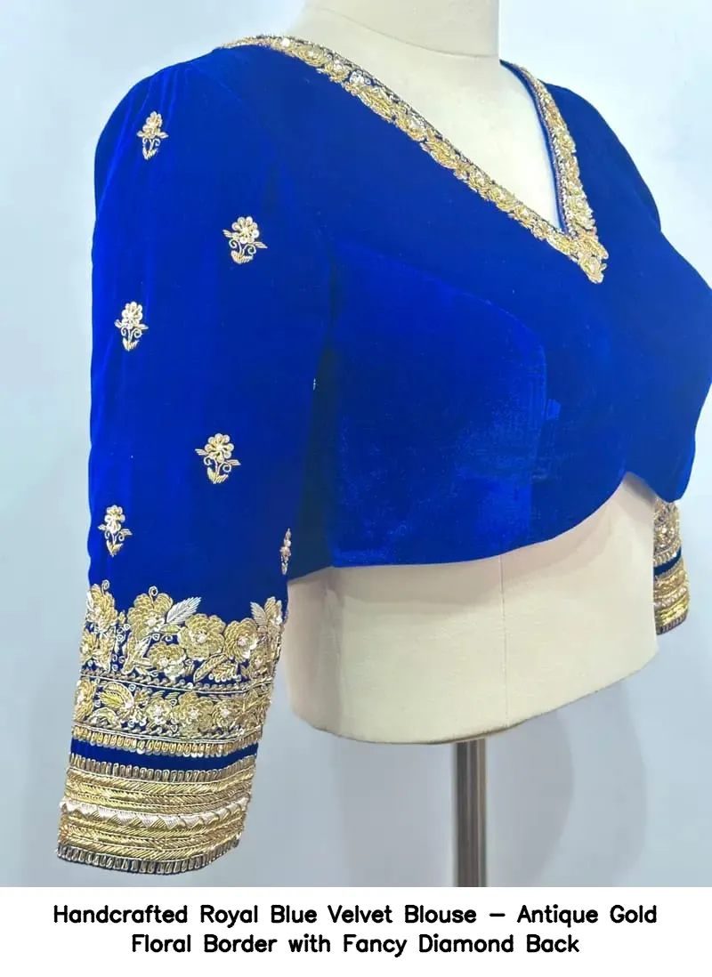 ​​​​​Handcrafted Royal Blue Velvet Blouse - Antique Gold Floral Border with Fancy Diamond Back