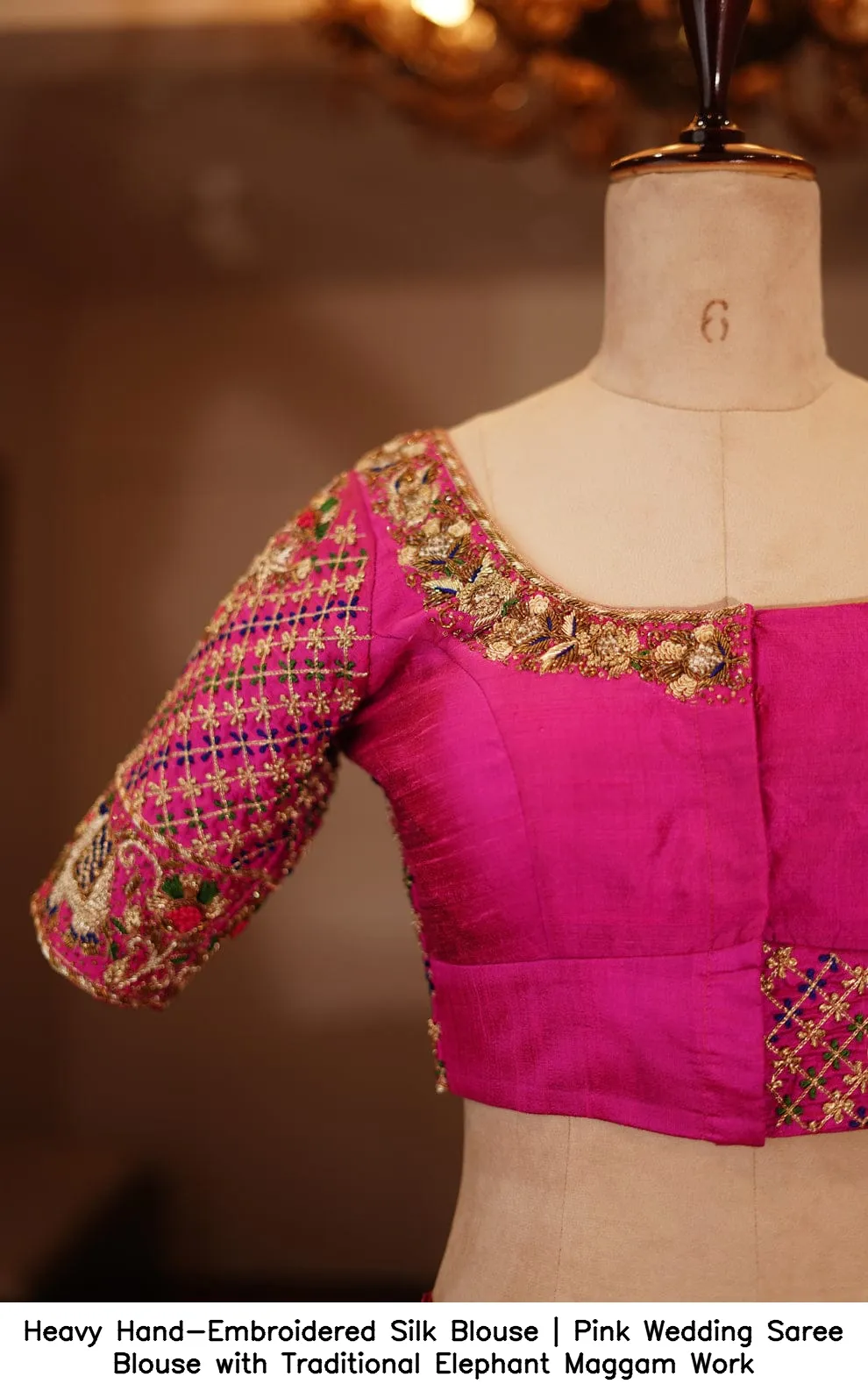 ​​​​​Heavy Hand-Embroidered Silk Blouse | Pink Wedding Saree Blouse with Traditional Elephant Maggam Work