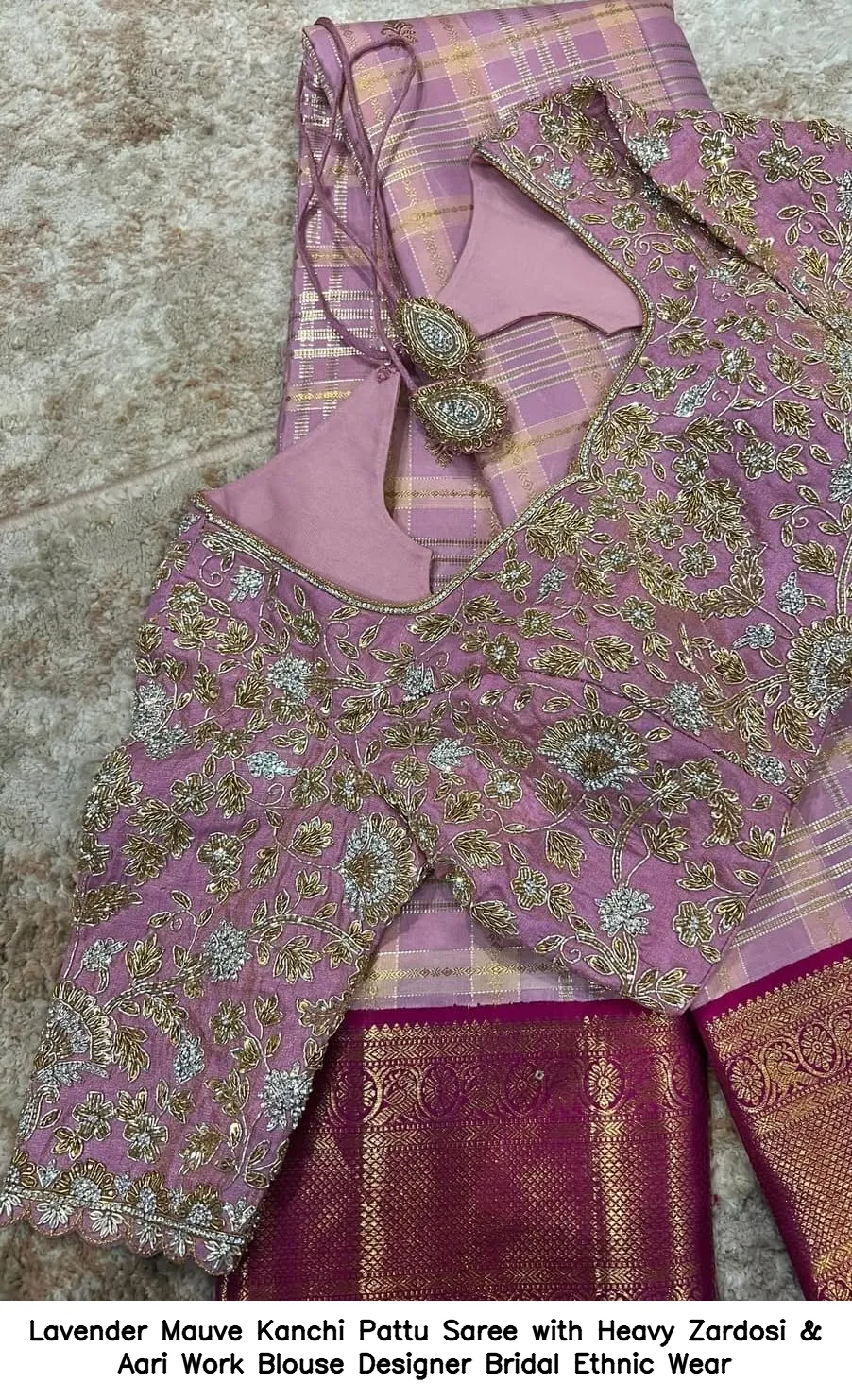 ​​​​​Lavender Mauve Kanchi Pattu Saree with Heavy Zardosi & Aari Work Blouse – Designer Bridal Ethnic Wear