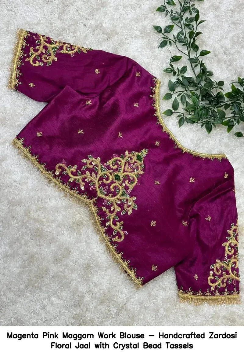 ​​​​​Magenta Pink Maggam Work Blouse - Handcrafted Zardosi Floral Jaal with Crystal Bead Tassels