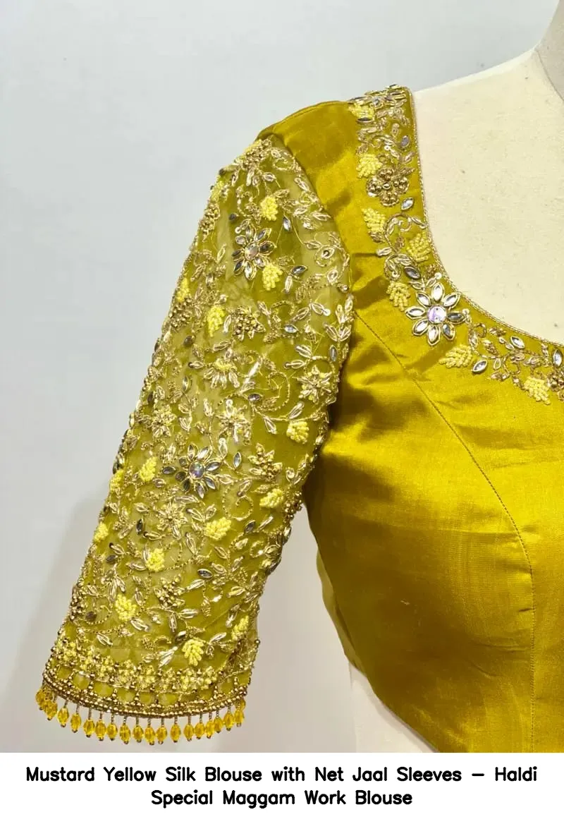 ​​​​​Mustard Yellow Silk Blouse with Net Jaal Sleeves - Haldi Special Maggam Work Blouse