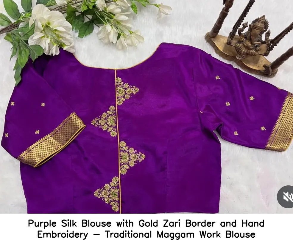 ​​​​​Purple Silk Blouse with Gold Zari Border and Hand Embroidery - Traditional Maggam Work Blouse