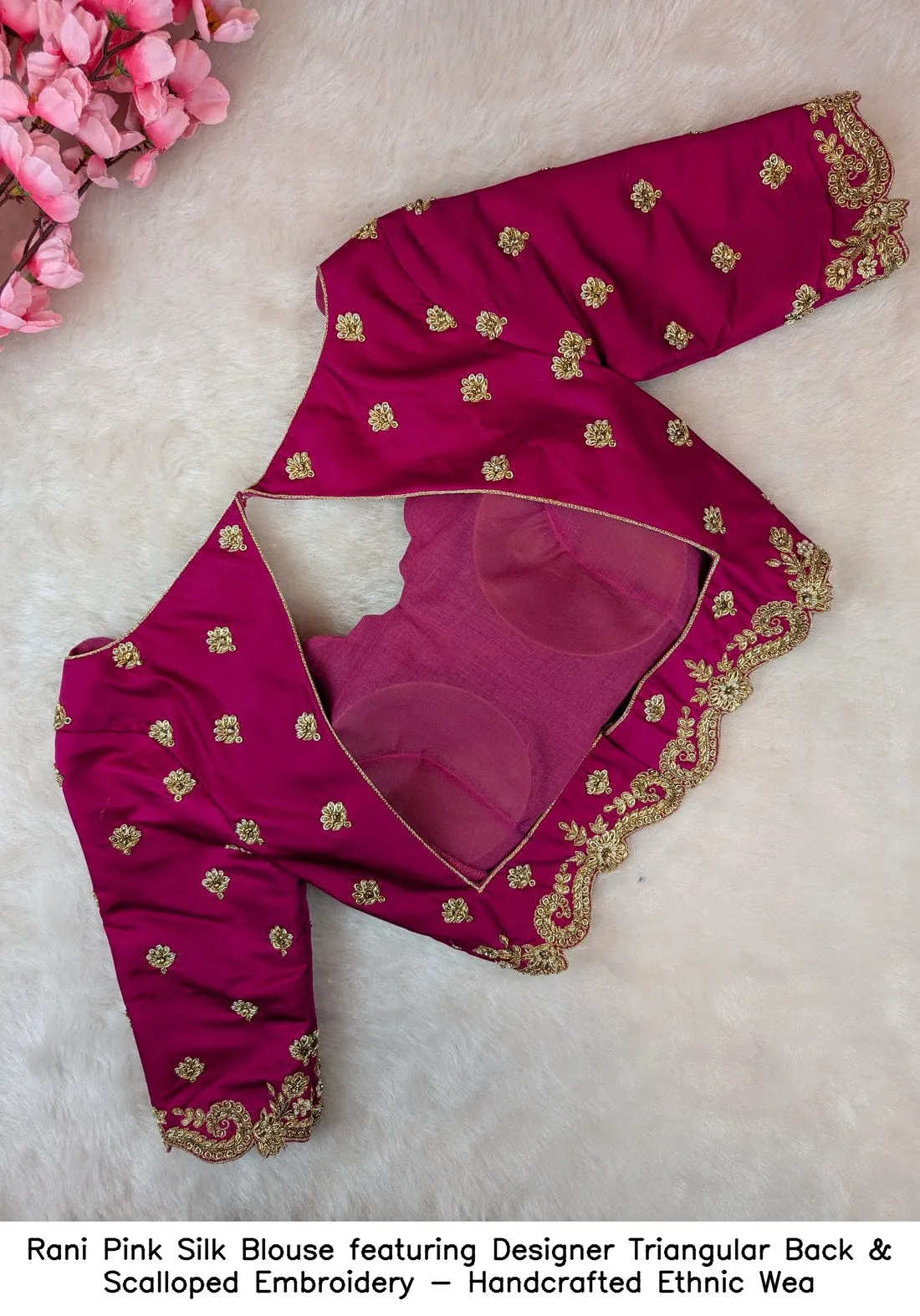 ​​​​​Rani Pink Silk Blouse featuring Designer Triangular Back & Scalloped Embroidery - Handcrafted Ethnic Wea