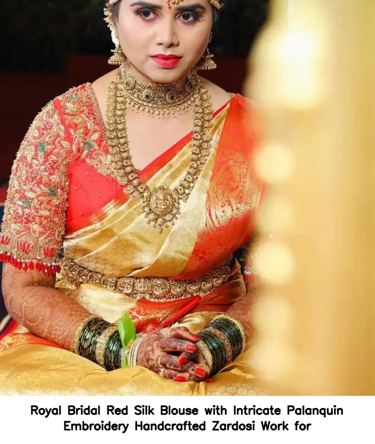 ​​​​​Royal Bridal Red Silk Blouse with Intricate Palanquin Embroidery – Handcrafted Zardosi Work for
