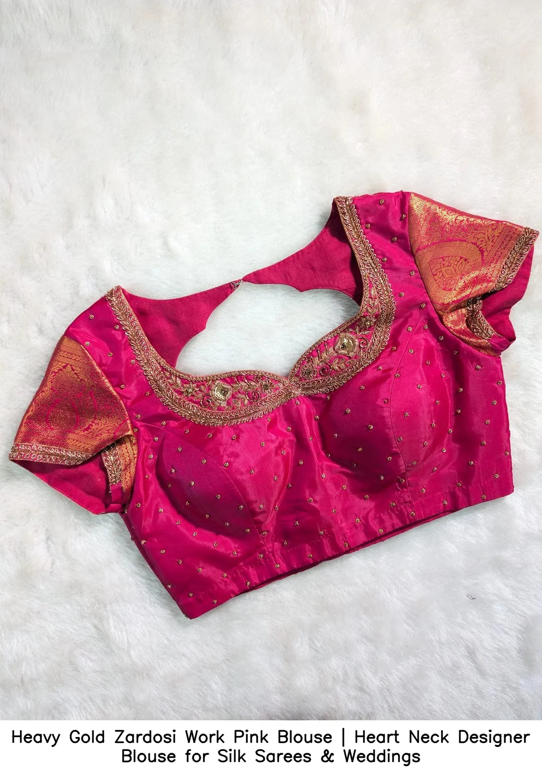 ​​​​​​Heavy Gold Zardosi Work Pink Blouse | Heart Neck Designer Blouse for Silk Sarees & Weddings