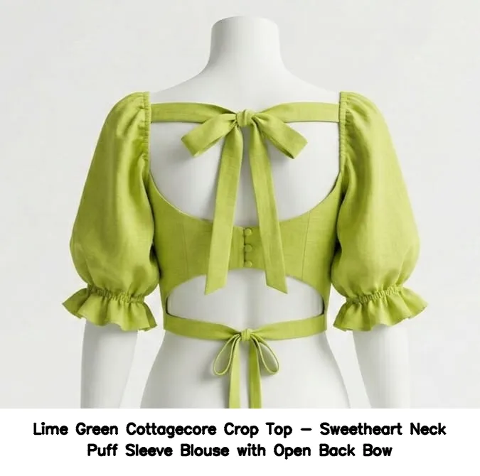 ​​​​​​Lime Green Cottagecore Crop Top - Sweetheart Neck Puff Sleeve Blouse with Open Back Bow