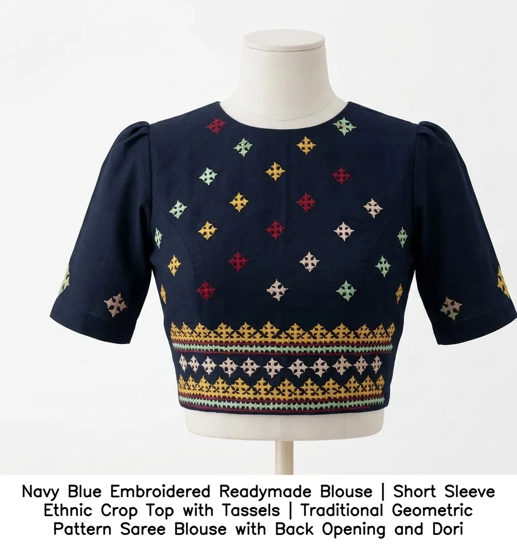 ​​​​​​Navy Blue Embroidered Readymade Blouse | Short Sleeve Ethnic Crop Top with Tassels | Traditional Geometric Pattern Saree Blouse with Back Opening and Dori