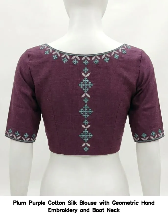 ​​​​​​Plum Purple Cotton Silk Blouse with Geometric Hand Embroidery and Boat Neck