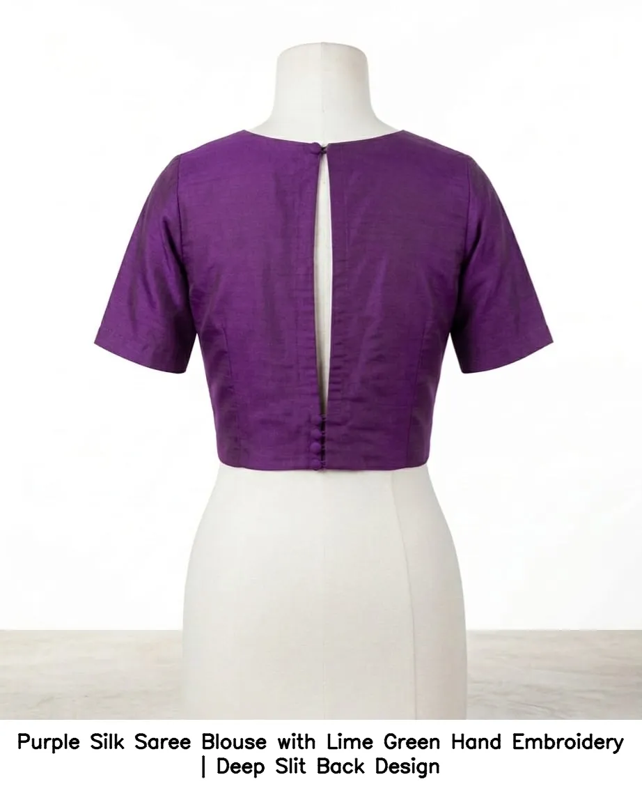 ​​​​​​Purple Silk Saree Blouse with Lime Green Hand Embroidery | Deep Slit Back Design