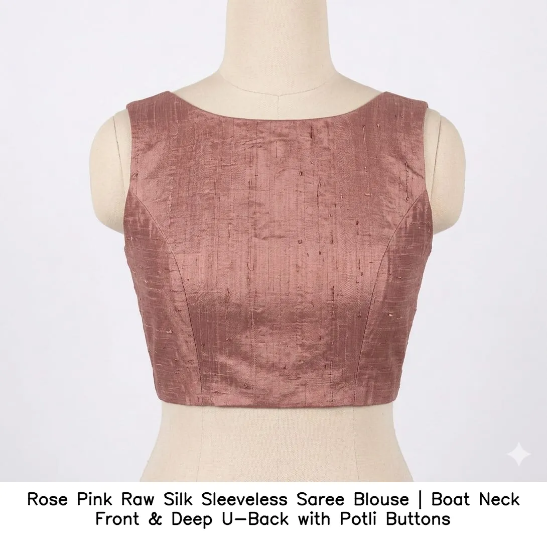 ​​​​​​Rose Pink Raw Silk Sleeveless Saree Blouse | Boat Neck Front & Deep U-Back with Potli Buttons