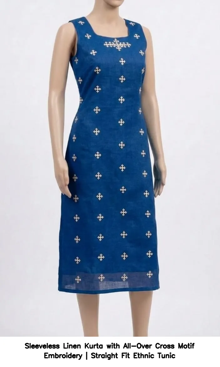 ​​​​​​Sleeveless Linen Kurta with All-Over Cross Motif Embroidery | Straight Fit Ethnic Tunic