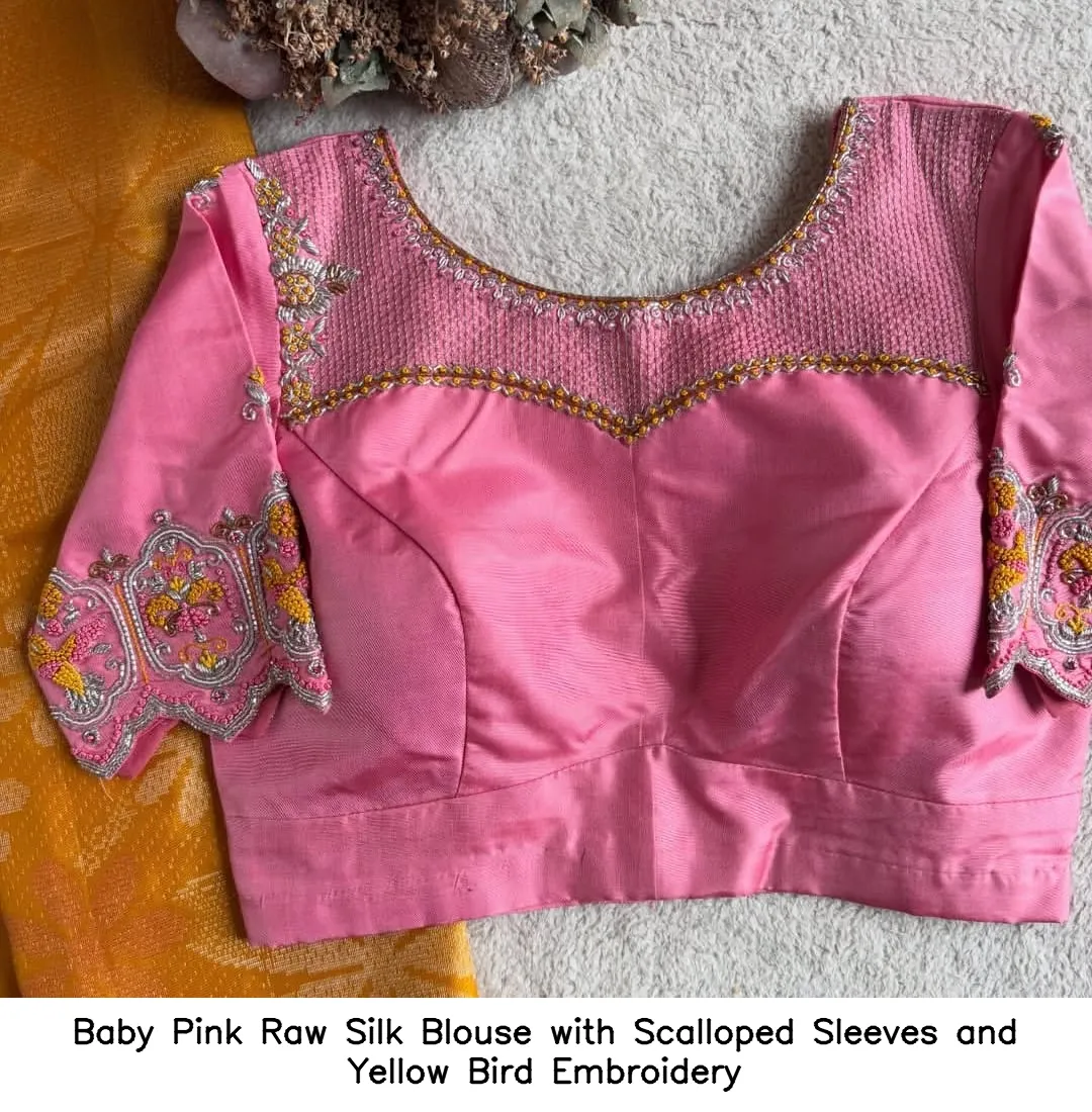​​​​​​​Baby Pink Raw Silk Blouse with Scalloped Sleeves and Yellow Bird Embroidery