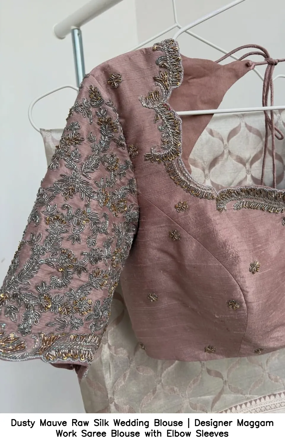 ​​​​​​​Dusty Mauve Raw Silk Wedding Blouse | Designer Maggam Work Saree Blouse with Elbow Sleeves