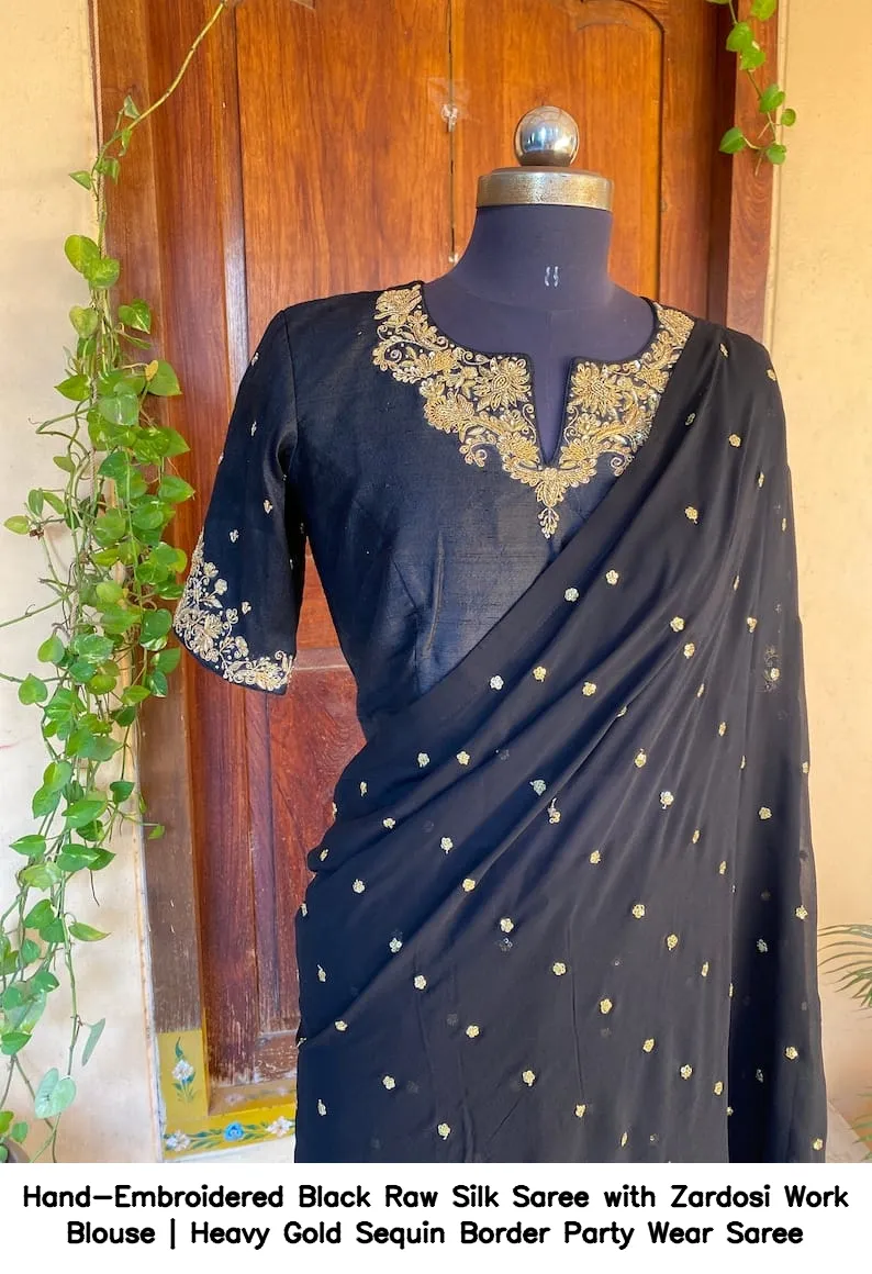 ​​​​​​​Hand-Embroidered Black Raw Silk Saree with Zardosi Work Blouse | Heavy Gold Sequin Border Party Wear Saree