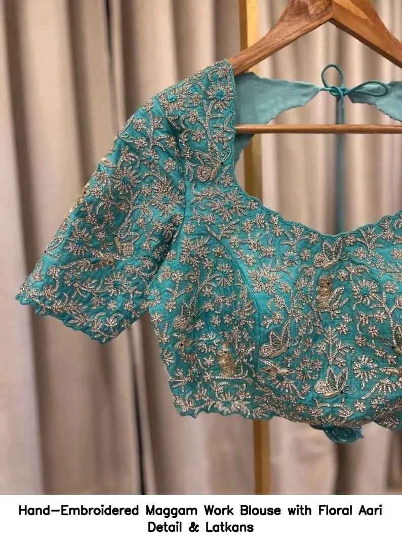 ​​​​​​​Hand-Embroidered Maggam Work Blouse with Floral Aari Detail & Latkans