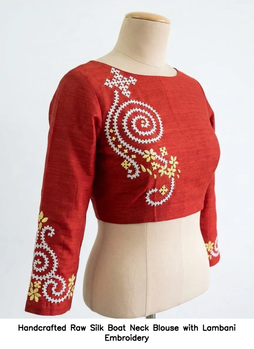 ​​​​​​​Handcrafted Raw Silk Boat Neck Blouse with Lambani Embroidery