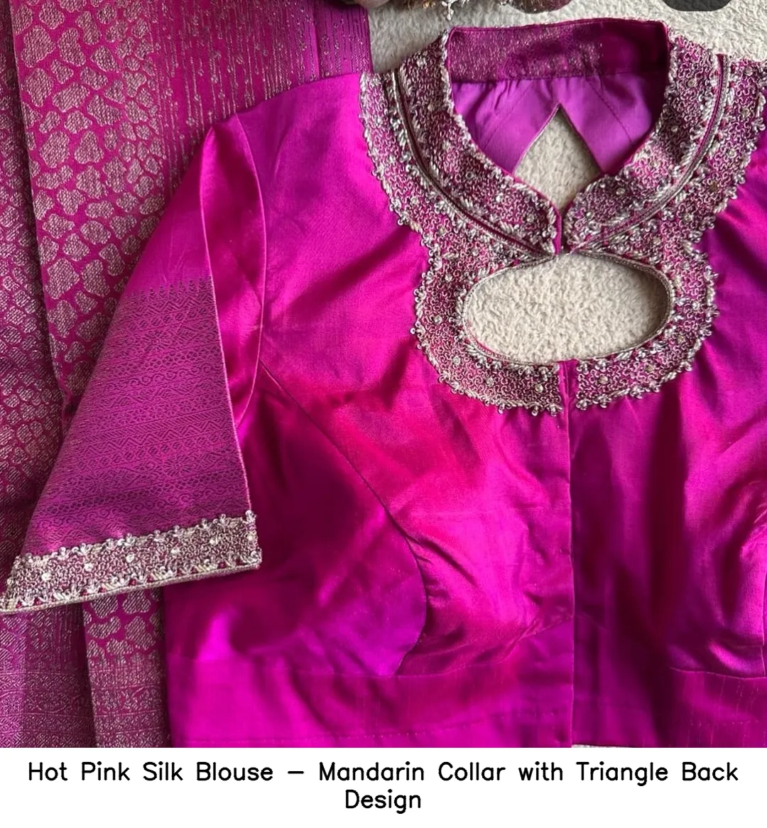 ​​​​​​​Hot Pink Silk Blouse - Mandarin Collar with Triangle Back Design