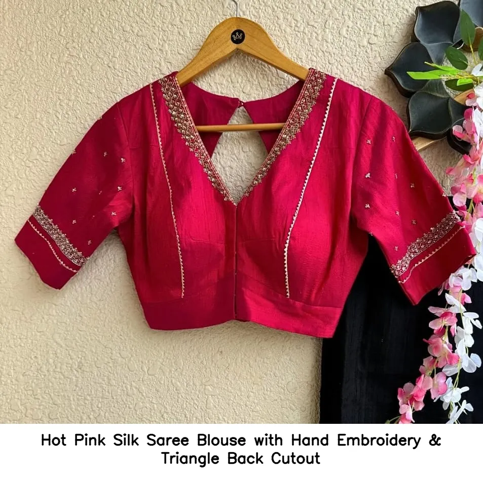 ​​​​​​​Hot Pink Silk Saree Blouse with Hand Embroidery & Triangle Back Cutout
