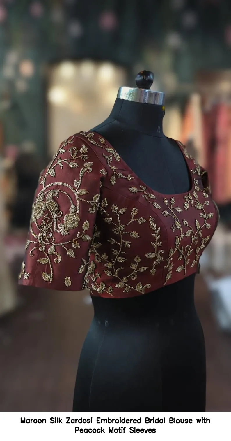​​​​​​​Maroon Silk Zardosi Embroidered Bridal Blouse with Peacock Motif Sleeves