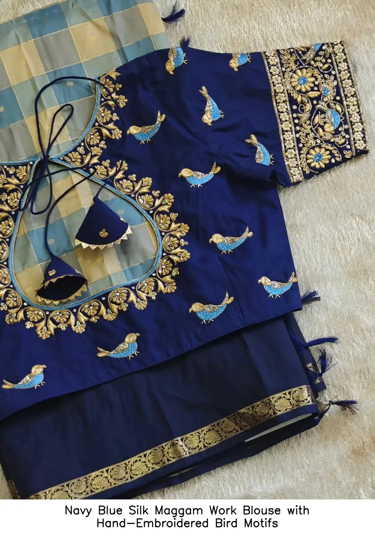 ​​​​​​​Navy Blue Silk Maggam Work Blouse with Hand-Embroidered Bird Motifs