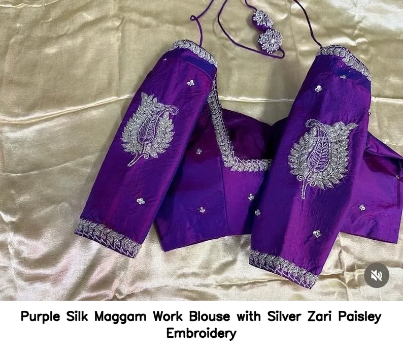 ​​​​​​​Purple Silk Maggam Work Blouse with Silver Zari Paisley Embroidery