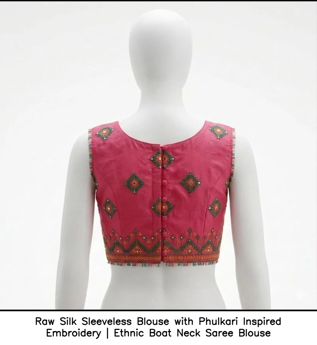 ​​​​​​​Raw Silk Sleeveless Blouse with Phulkari Inspired Embroidery | Ethnic Boat Neck Saree Blouse