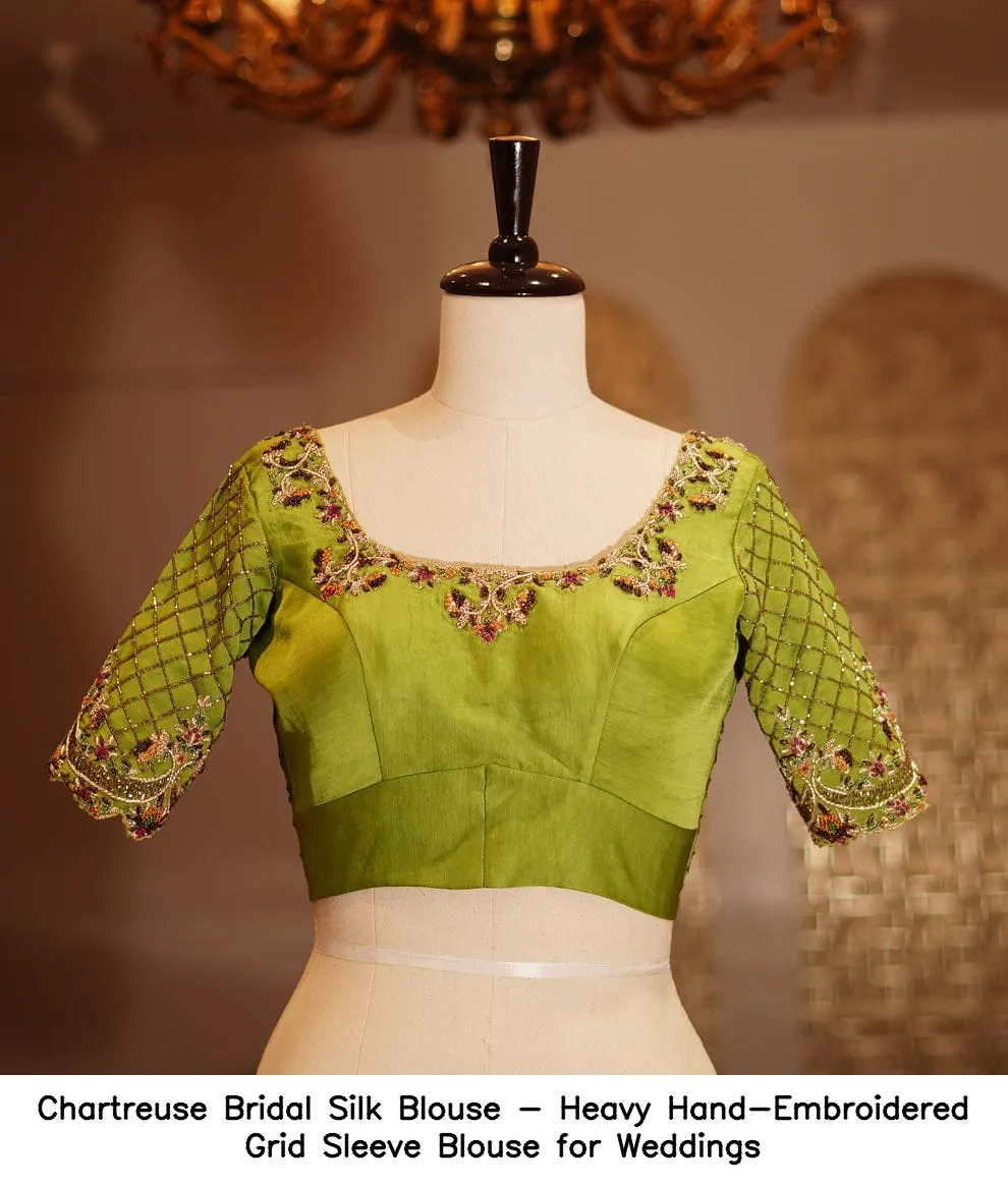 ​Chartreuse Bridal Silk Blouse - Heavy Hand-Embroidered Grid Sleeve Blouse for Weddings