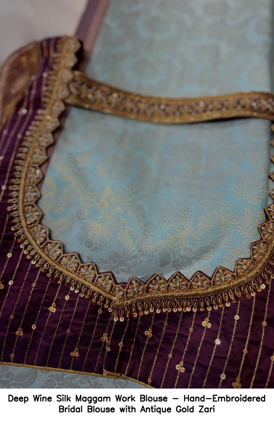​Deep Wine Silk Maggam Work Blouse - Hand-Embroidered Bridal Blouse with Antique Gold Zari