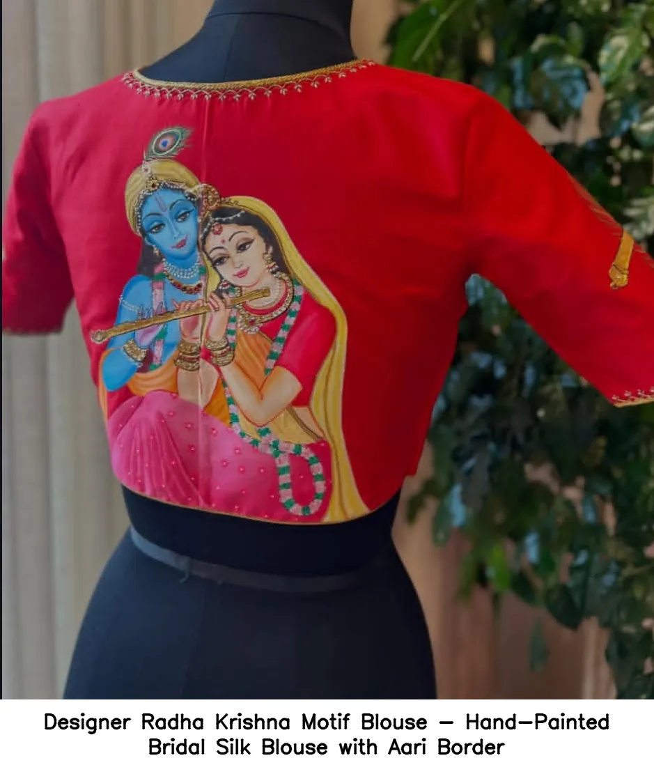 ​Designer Radha Krishna Motif Blouse - Hand-Painted Bridal Silk Blouse with Aari Border