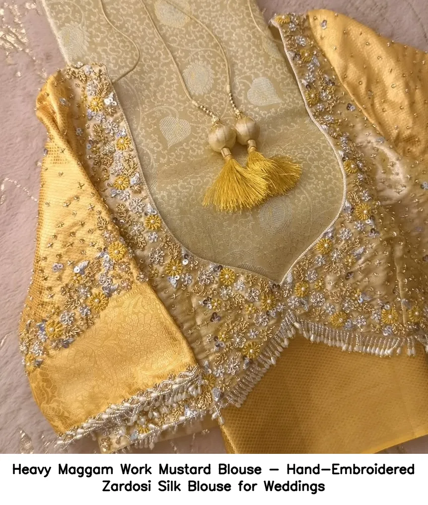 ​Heavy Maggam Work Mustard Blouse - Hand-Embroidered Zardosi Silk Blouse for Weddings