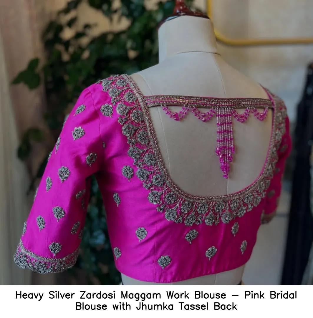 ​Heavy Silver Zardosi Maggam Work Blouse - Pink Bridal Blouse with Jhumka Tassel Back