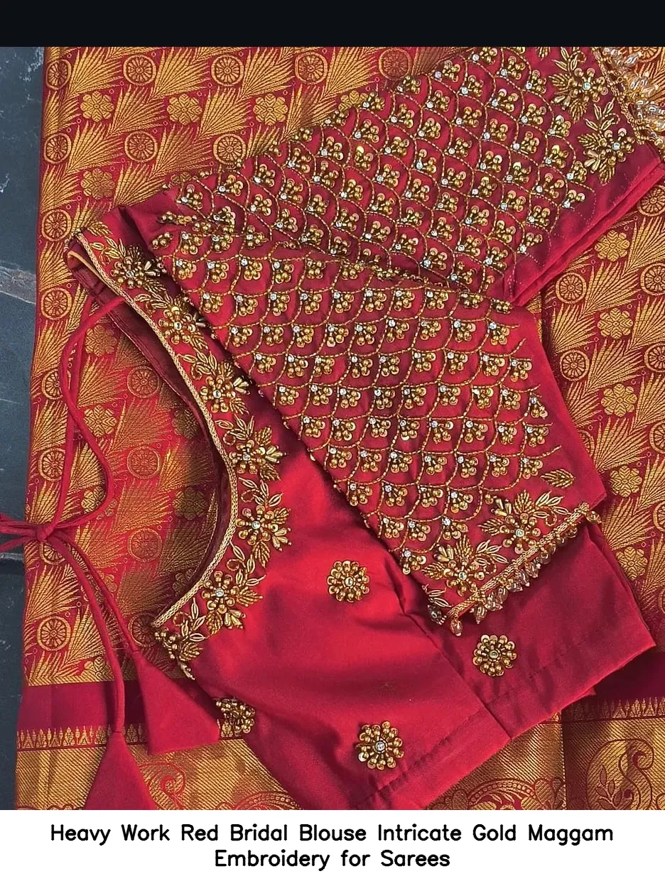 ​Heavy Work Red Bridal Blouse – Intricate Gold Maggam Embroidery for Sarees