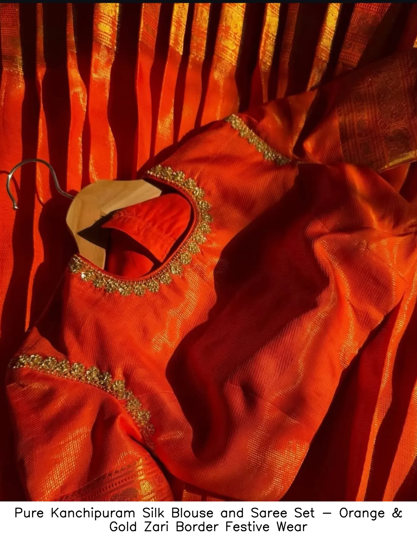 ​Pure Kanchipuram Silk Blouse and Saree Set - Orange & Gold Zari Border Festive Wear