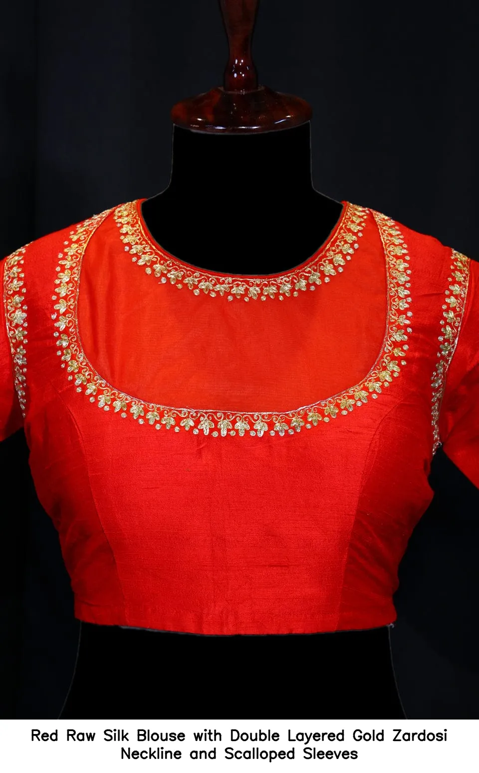 ​Red Raw Silk Blouse with Double Layered Gold Zardosi Neckline and Scalloped Sleeves