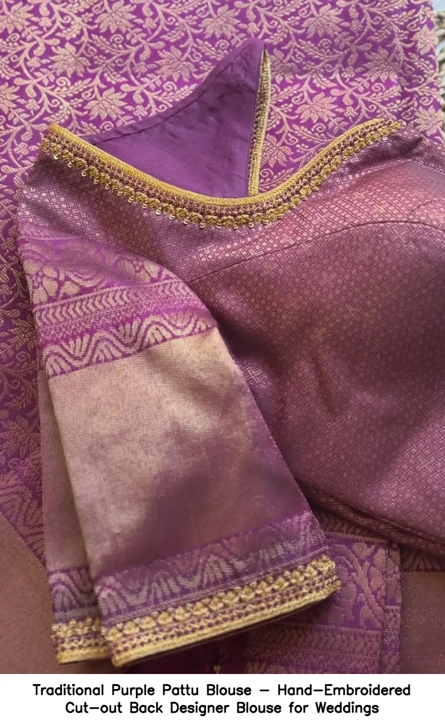 ​Traditional Purple Pattu Blouse - Hand-Embroidered Cut-out Back Designer Blouse for Weddings
