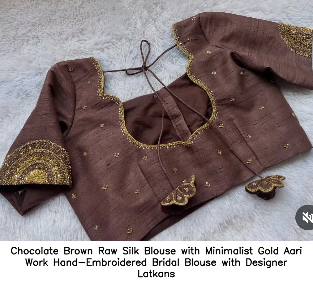 ​​​Chocolate Brown Raw Silk Blouse with Minimalist Gold Aari Work – Hand-Embroidered Bridal Blouse with Designer Latkans