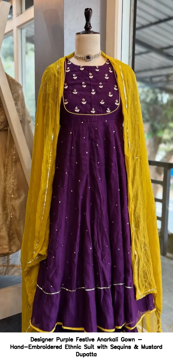 ​​​​Designer Purple Festive Anarkali Gown - Hand-Embroidered Ethnic Suit with Sequins & Mustard Dupatta
