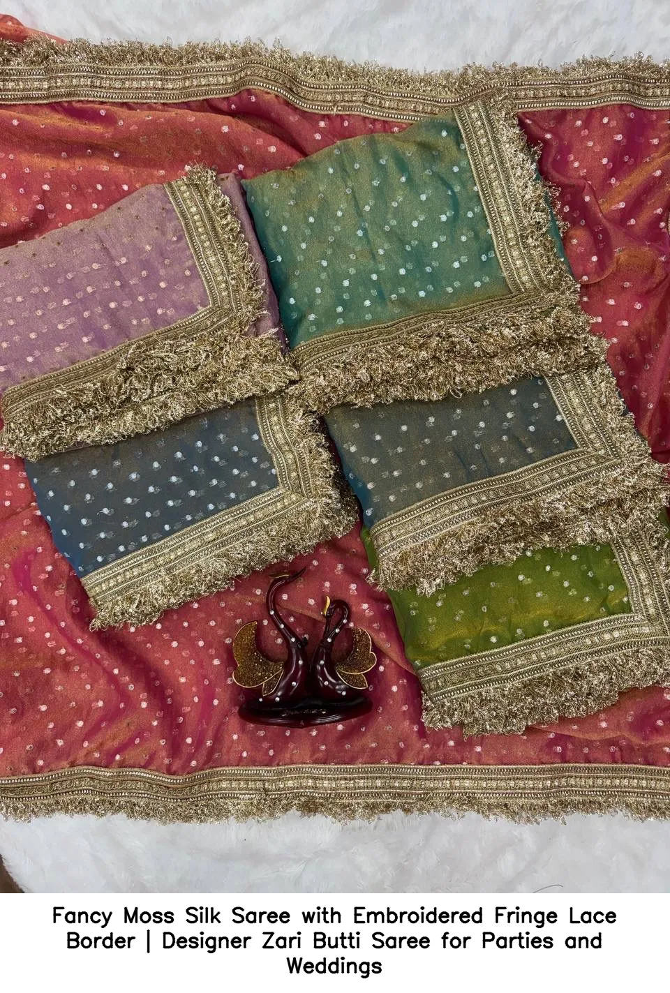 ​​​​Fancy Moss Silk Saree with Embroidered Fringe Lace Border | Designer Zari Butti Saree for Parties and Weddings