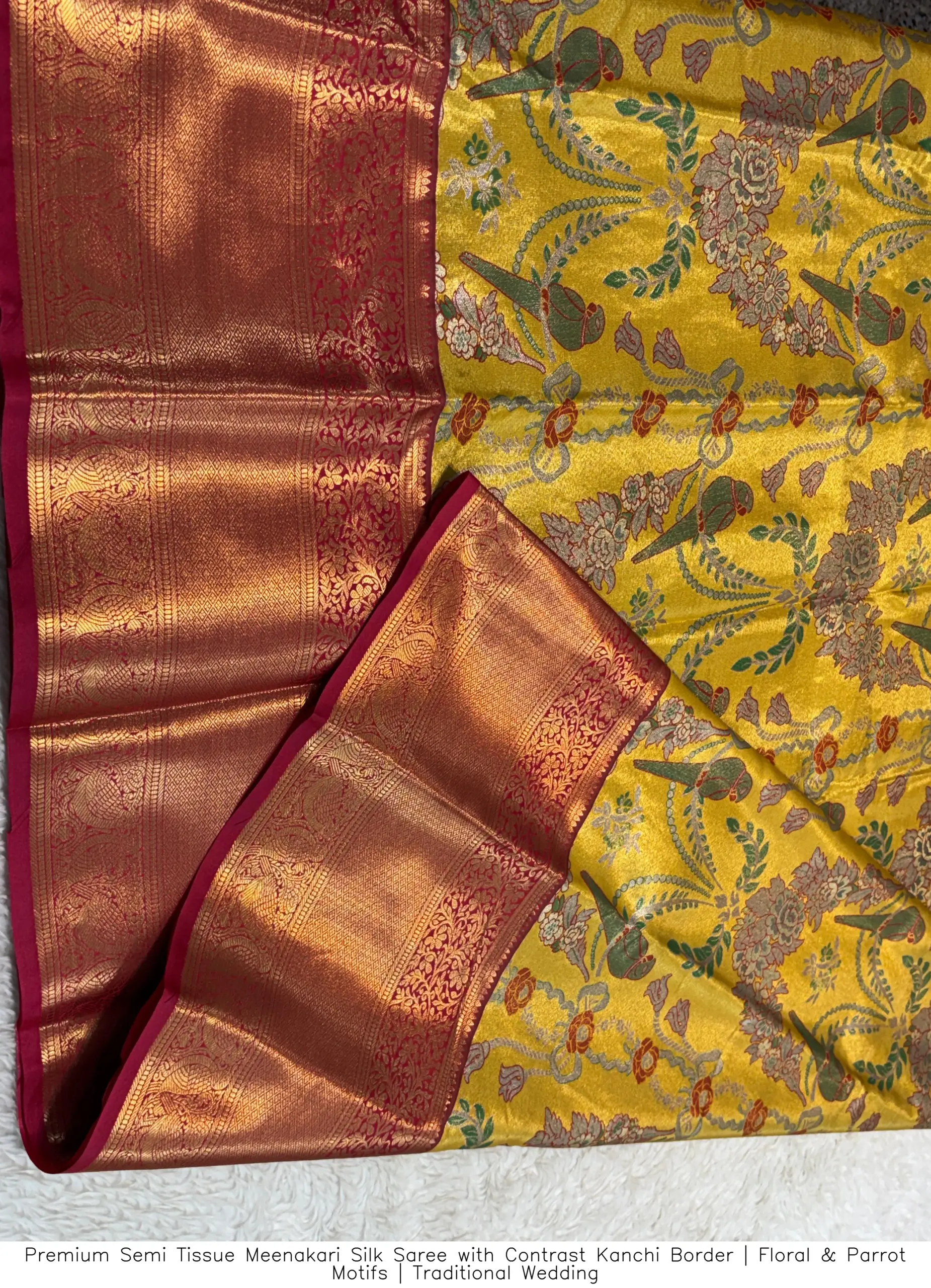​​​​Premium Semi Tissue Meenakari Silk Saree with Contrast Kanchi Border | Floral & Parrot Motifs | Traditional Wedding