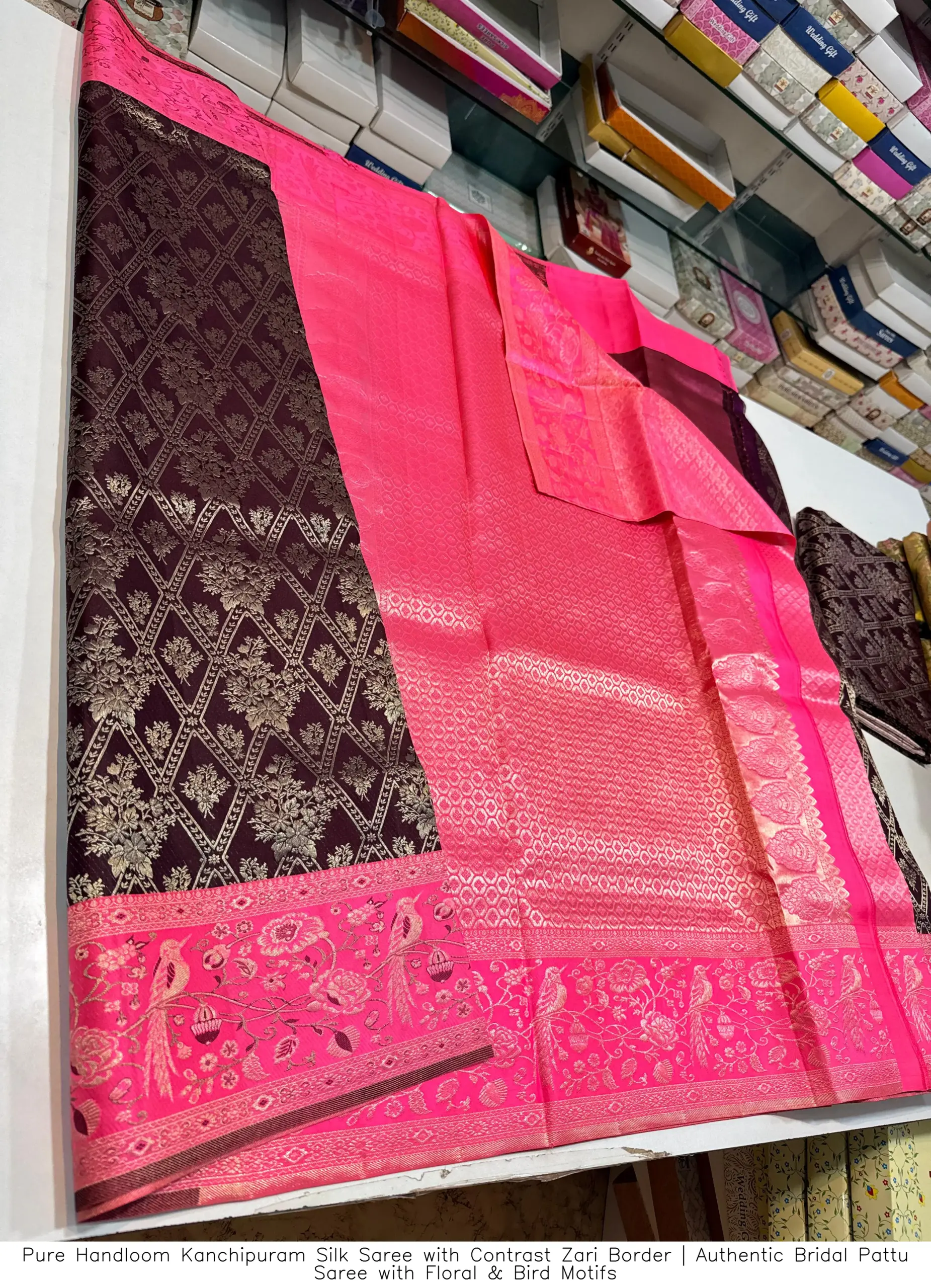 ​​​​Pure Handloom Kanchipuram Silk Saree with Contrast Zari Border | Authentic Bridal Pattu Saree with Floral & Bird Motifs
