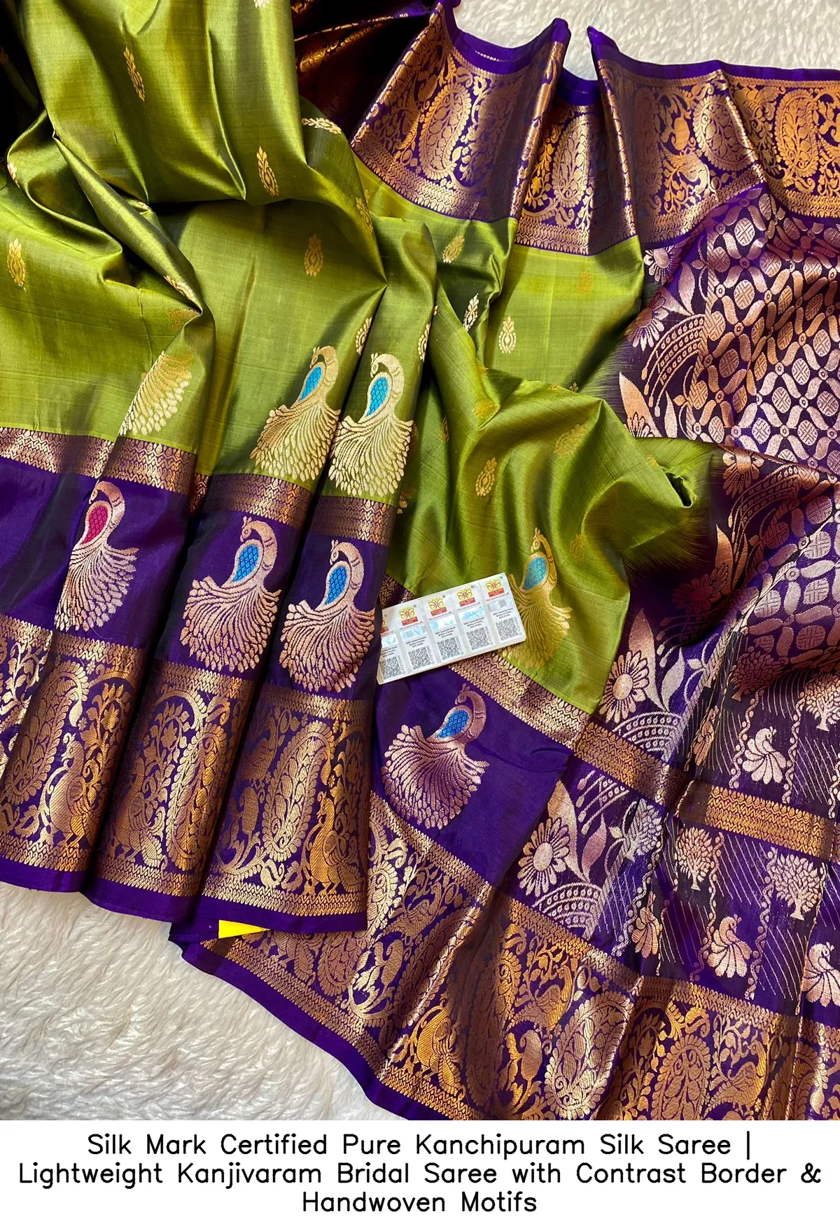 ​​​​Silk Mark Certified Pure Kanchipuram Silk Saree | Lightweight Kanjivaram Bridal Saree with Contrast Border & Handwoven Motifs