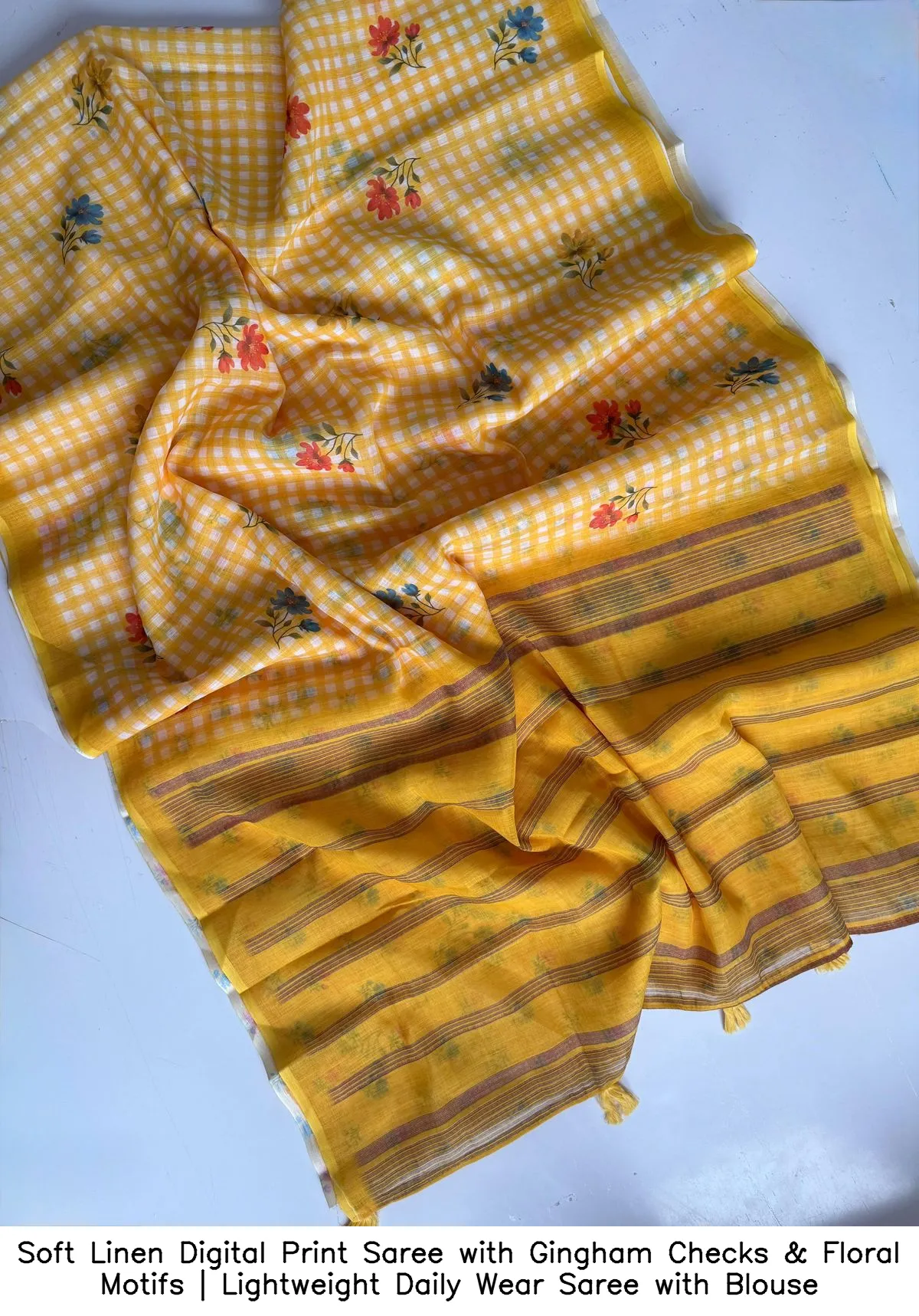 ​​​​Soft Linen Digital Print Saree with Gingham Checks & Floral Motifs | Lightweight Daily Wear Saree with Blouse