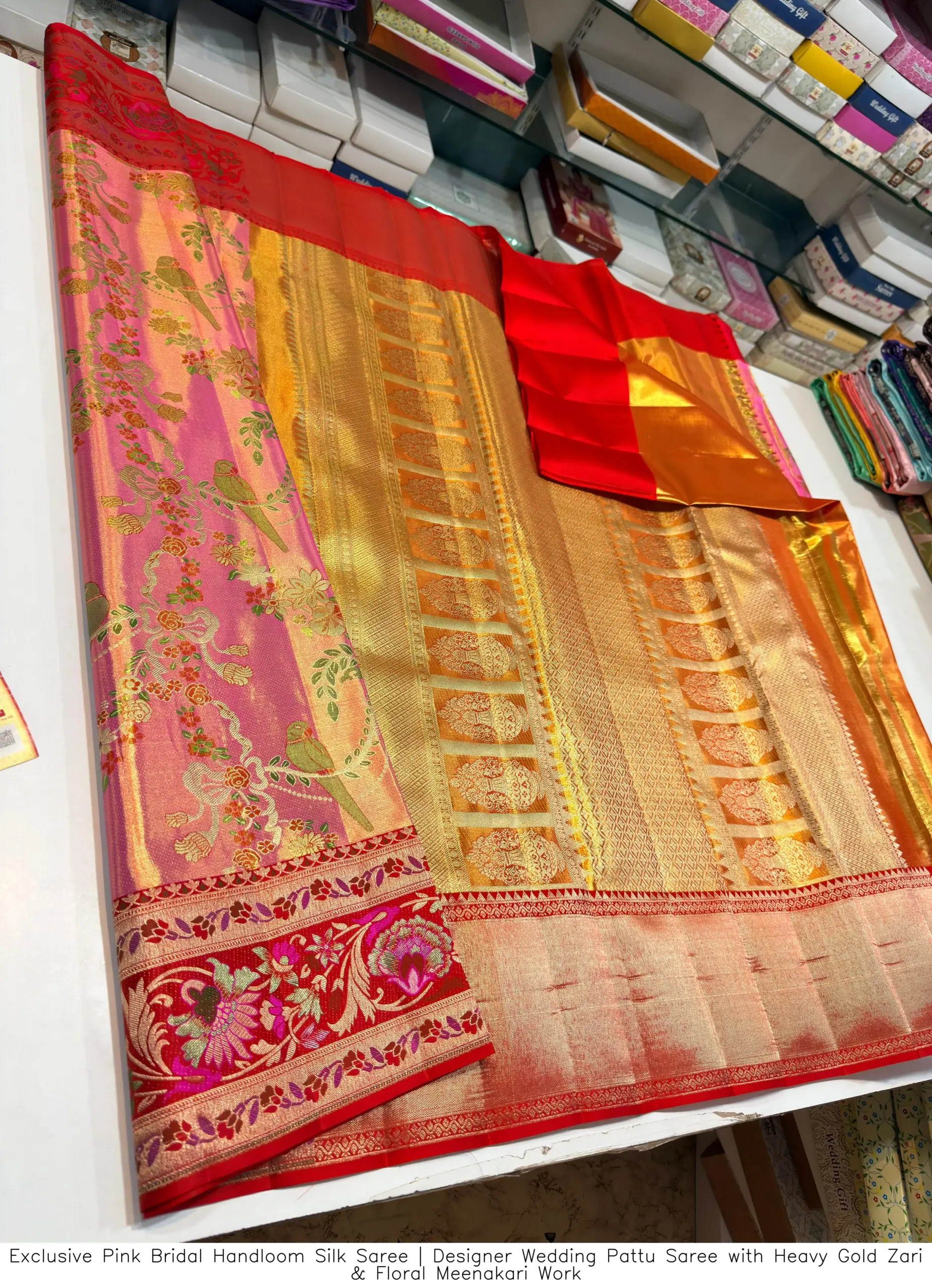 ​​​​​Exclusive Pink Bridal Handloom Silk Saree | Designer Wedding Pattu Saree with Heavy Gold Zari & Floral Meenakari Work