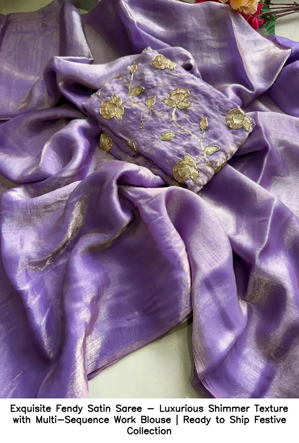 ​​​​​Exquisite Fendy Satin Saree - Luxurious Shimmer Texture with Multi-Sequence Work Blouse | Ready to Ship Festive Collection